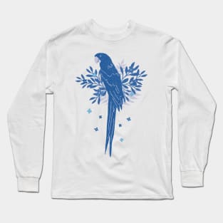 Blue Ara parrot with Tropical Leaves Long Sleeve T-Shirt